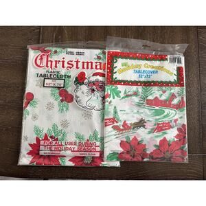 LOT x 2 Vtg Kitchen Mate Christmas Tablecloth 52X72 /52X70 Plastic Vinyl Red